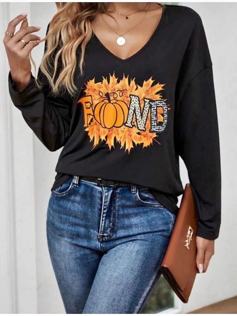 Hello Fall Pumpkin Maple Leaf Graphic Long Sleeve Tee in Black